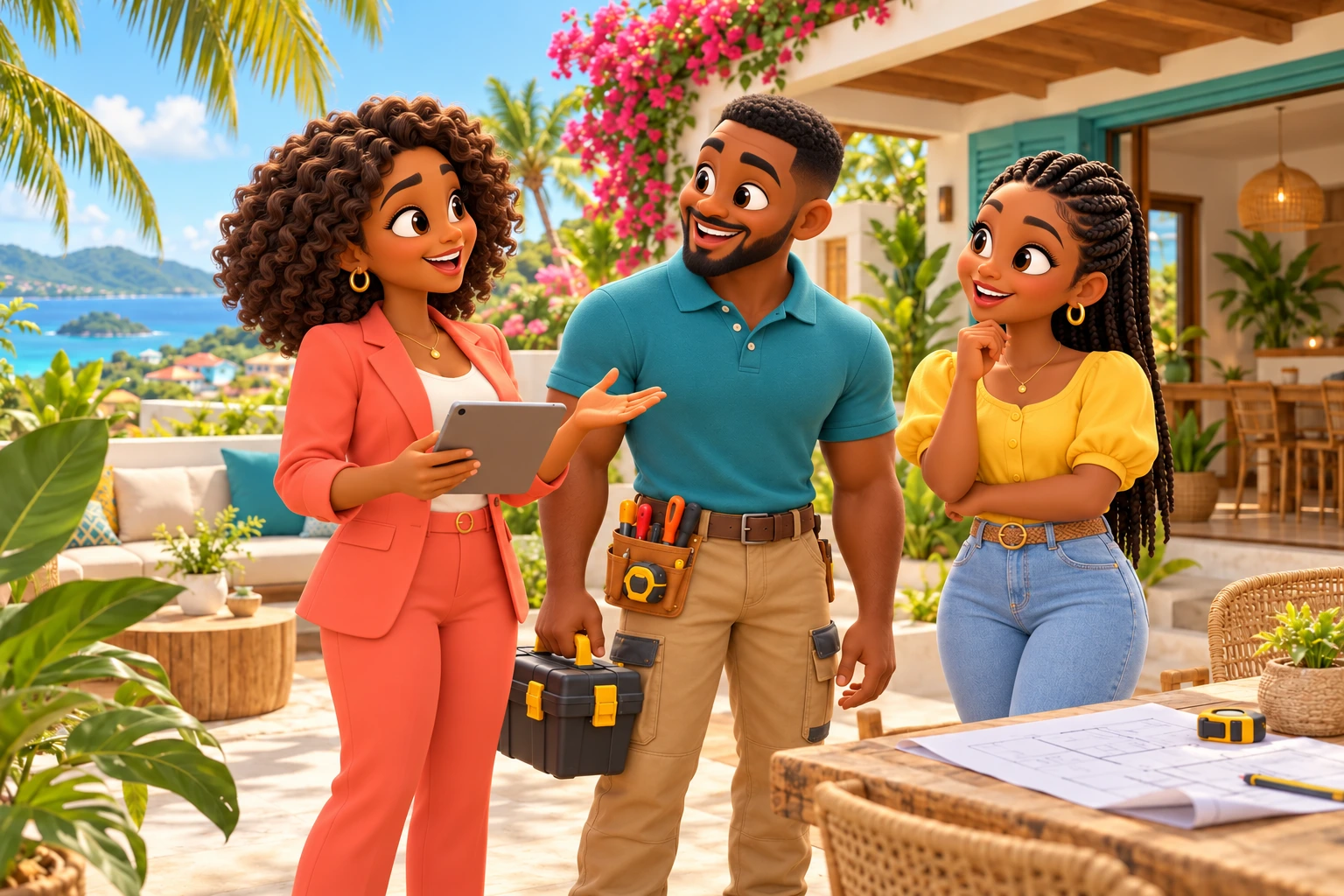 Deux clientes et un artisan préparent un projet sur une terrasse tropicale.